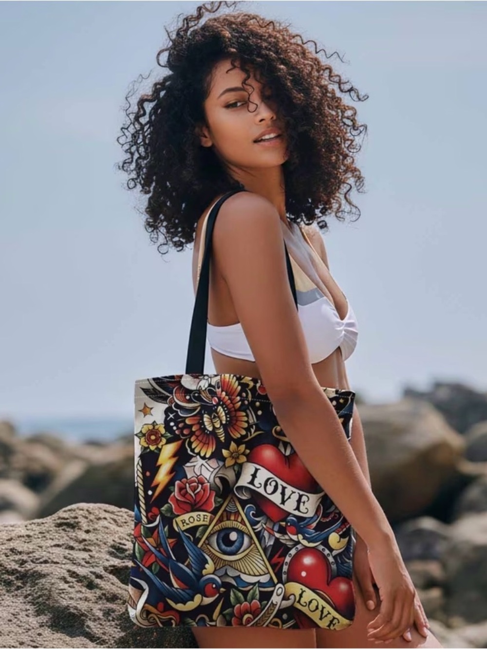 Tattoo-Print Heart & Rose Tote Bag - Black Multi